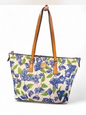 Dooney & Bourke Blue Floral Tote with Tan Leather Straps